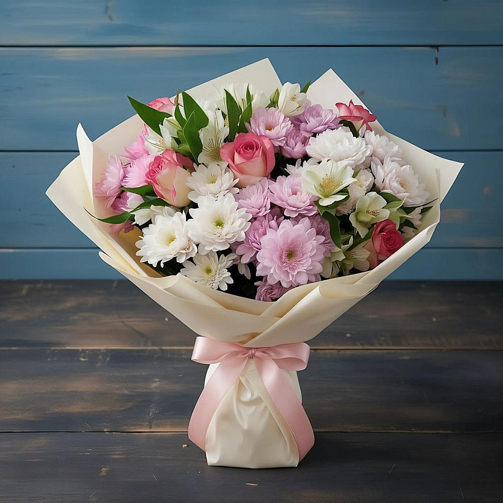 Букет цветов из: Хризантемы, Альстромерии и Розы в Выльгорте